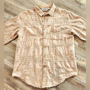 Cottonseed Textured Boho Embroidered Top Beige Womens L Button Up 3/4 Sleeve
